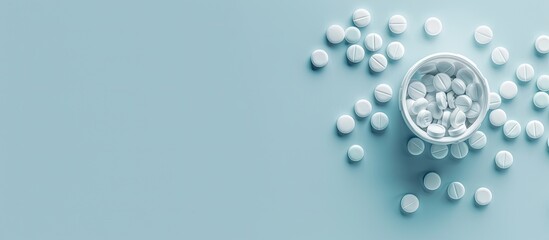 Poster - White pills scattered from a container on a light blue backdrop. Simple medical theme with a top-down view for easy customization, with space for further additions in the image.