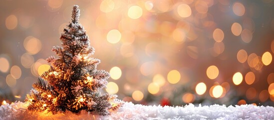 Leinwandbilder - Snow-covered fir tree decorated for Christmas with a magical light bokeh backdrop, creating a charming scene with room for your holiday wishes in the copy space image.