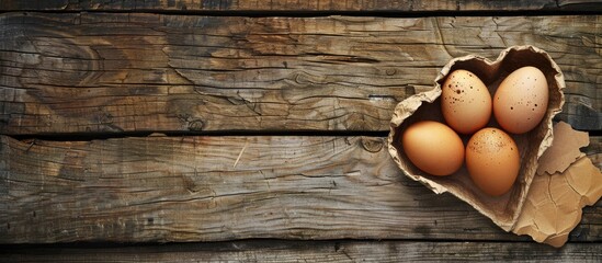 Aufkleber - Wooden textured background featuring two eggs accompanied by a paper heart with copy space image.