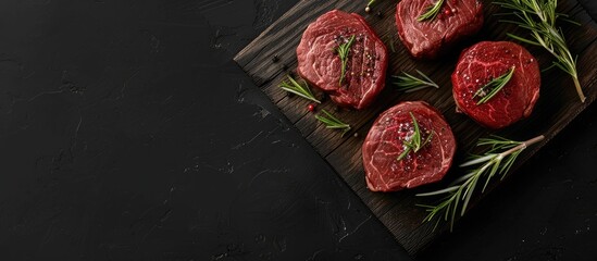 Poster - Fresh filet mignon steaks with rosemary on a wooden board over a black background. Organic ingredients for restaurant dishes are displayed in a top view with copy space image.