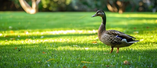 Wall Mural - A drake strolls on the green lawn with copy space image.