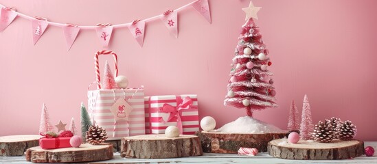 Poster - Festive Christmas scene with a pink background featuring a decorated tree on wooden log slices, a gift box, and a banner for displaying designs.