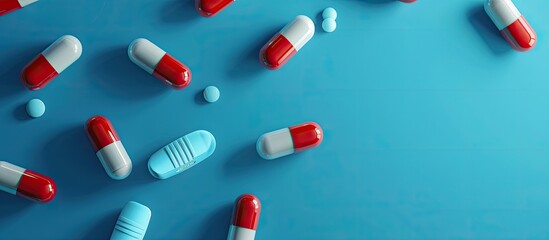 Aufkleber - Isolated medicine pills on a blue backdrop create a healthcare concept with a design element. Featuring selective focus, the image includes copy space.