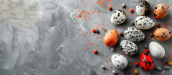 Aufkleber - Quail eggs painted for Easter displayed on a textured concrete background with copy space image available.