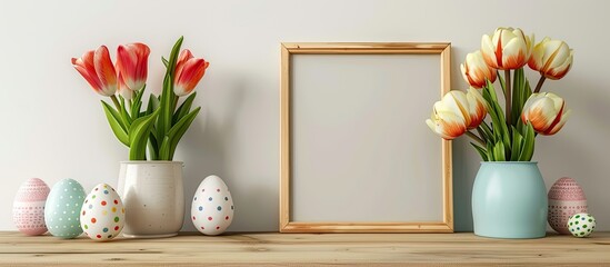 Aufkleber - Tulip flowers and Easter eggs displayed on a wooden table against a light wall with an empty picture frame for a copy space image.