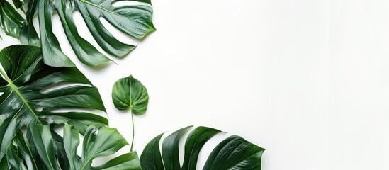 Aufkleber - Monstera leaves against a white backdrop provide ample space for text in a flat lay image.