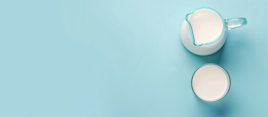 Aufkleber - Top view of a jug and glass of milk on a blue backdrop with copy space image.