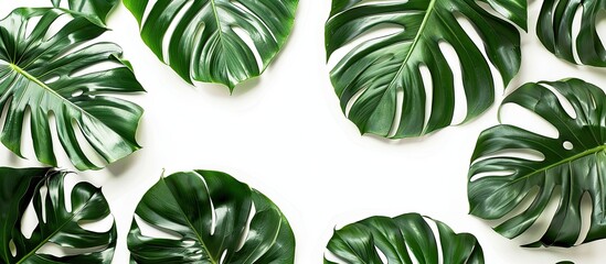 Leinwandbilder - Monstera leaves on a white background are featured in this tropical botanical copy space image, perfect for nature concepts and flat lay with a clipping path.