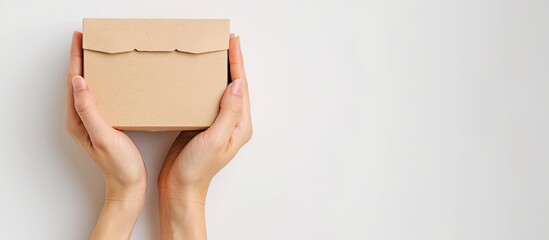 Aufkleber - Two hands holding a paper cake box against a white background with copy space image.