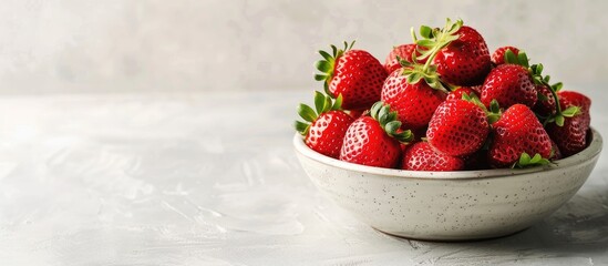 Poster - Fresh strawberries piled in a ceramic bowl on a rustic white surface with ample copy space image.