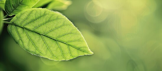 Poster - closeup view of a rich green leaf set against a soft green backdrop, offering ample copy space for a
