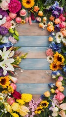 Wall Mural - Different flowers on the wooden background top view