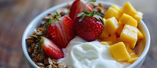Aufkleber - A nutritious morning meal featuring granola topped with strawberries, served alongside yogurt and mango; ideal as a wholesome start to the day's activities.