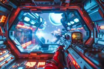 Wall Mural - Virtual Battle FPS Sci-Fi Shooter on Spaceship Fighting Flying Robots Live e-Sports Tournament Stream Concept