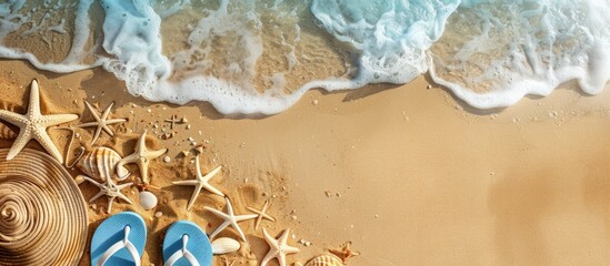 Aufkleber - Sandy beach and flip flops create a summer-themed setting with ample copy space image potential.