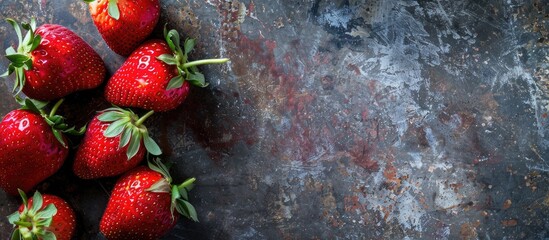 Poster - Fresh strawberries featured in a rustic background with copy space image.