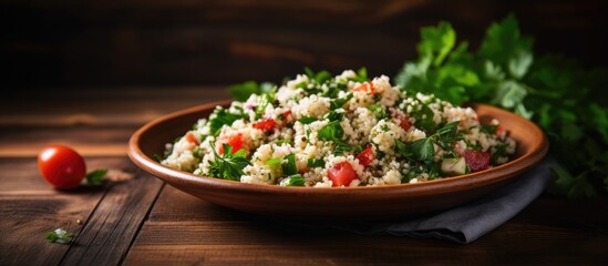 Poster - Tabbouleh salad made with couscous, feta cheese, tomatoes, basil, and chili placed on a wooden table. Includes a space for adding text or images.