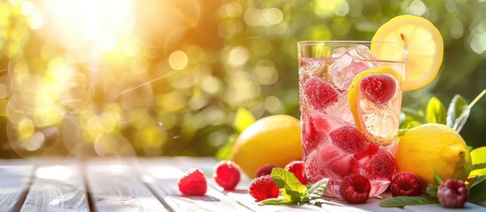 Poster - Close-up photograph of a refreshing lemonade with raspberries placed on a white wooden table outdoors, ideal for adding text with copy space image.