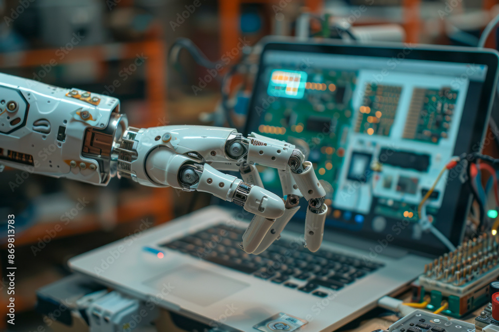 Tech Innovator Robotics Engineer Controls Robotic Arm with Laptop in ...