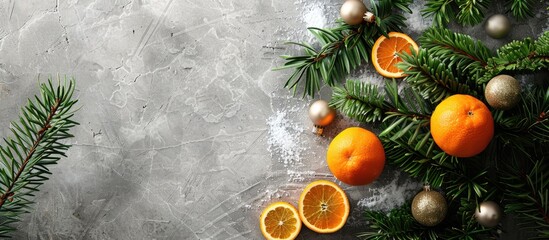 Poster - Top view of a Christmas background featuring a stone surface adorned with snow, a fir tree, and tangerines, creating a festive display with room for additional content.