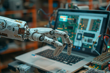 Tech Innovator Robotics Engineer Controls Robotic Arm with Laptop in Automation Startup R&D Office Microchip in Robot Hand