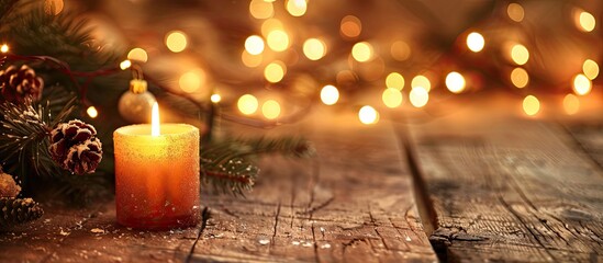 Aufkleber - A warm-toned Christmas light illuminates a candle against a wooden backdrop, creating a cozy ambiance with copy space image.