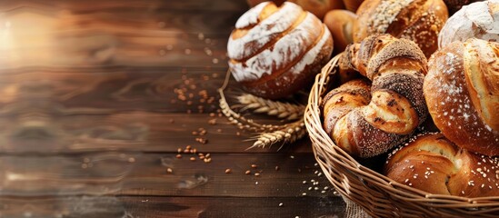 Poster - Composition of various types of bread in a wicker basket with copy space image.