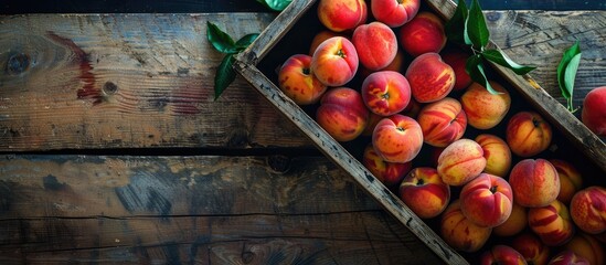 Canvas Print - Ripe organic peaches piled on a wooden tray background with top view and close-up shot, emphasizing copy space image for conveying a clean eating concept.