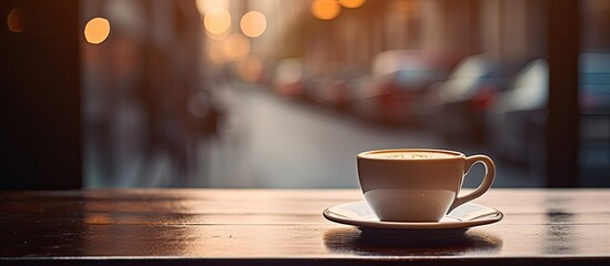 Poster - Coffee cup on a table in a cafe, showing copy space image.