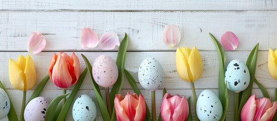 Fototapete - Easter eggs nestled alongside tulips on white wood. Top-down view for an Easter card with copy space image.