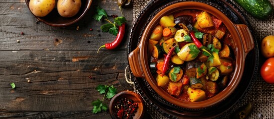 Wall Mural - A traditional Moroccan and Algerian vegetarian tajine dish with potatoes, eggplants, zucchini, and peppers is displayed in the copy space image.