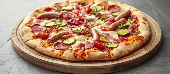 Poster - Italian pizza with smoked sausages, pickled cucumbers, salami, and tomatoes on a wooden tray set against a gray background, providing copy space image.