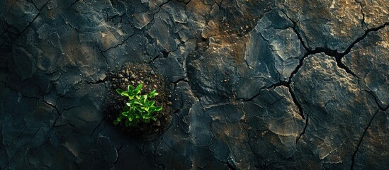 Poster - Top view of new life emerging as grass grows on cracked soil, creating a compelling copy space image.