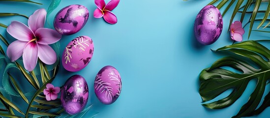 Sticker - Top view of a purple Easter eggs arrangement on a blue backdrop with tropical leaves and flowers, creating a creative Easter-themed copy space image.