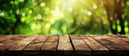 Aufkleber - Wooden deck table with a blurred green background, ideal for showcasing products in a copy space image.