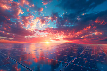 Wall Mural - Sunset Sky Solar Panels Generating Sustainable Energy