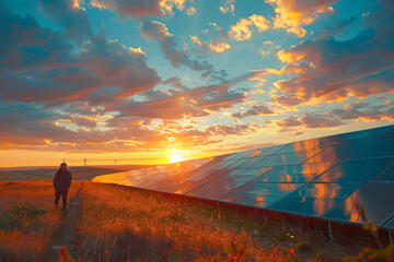 Wall Mural - Solar Symphony Captivating Sunset Sky with Solar Panels a Modern Landscape of Renewable Energy Generation