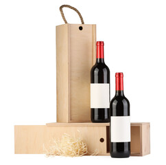 Sticker - Wooden gift boxes with wine isolated on white