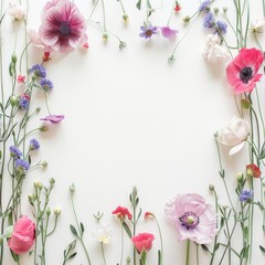 Wall Mural - A simple aesthetic of colorful flowers arranged in a frame on a white background