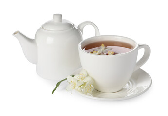 Wall Mural - Aromatic jasmine tea in cup, flowers and teapot isolated on white