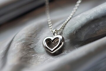 Canvas Print - Silver heart pendant and chain on grey background