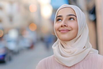 Canvas Print - Beautiful charming young middle eastern muslim woman wearing a hijab posing at a city streets sunset looking up very happy with hope and peaceful mind