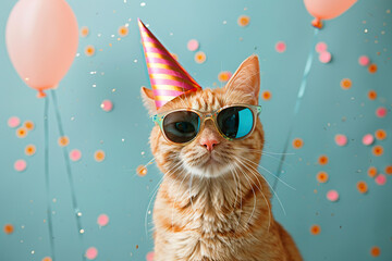 Poster - A cat wearing sunglasses and a party hat, generative ai image.