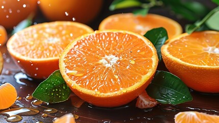 Wall Mural -   A cluster of oranges resting atop a table alongside verdant foliage and oranges adorned with droplets of water