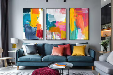 Two colorful paintings of flowers are hanging on the wall above a couch, generative ai image.