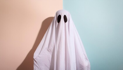 Wall Mural - White ghost on pastel background. Minimal Halloween scary concept