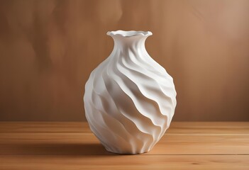 A white ceramic vase with a wavy, textured surface on a wooden surface against a blurred brown background