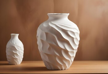 A white ceramic vase with a wavy, textured surface on a wooden surface against a blurred brown background