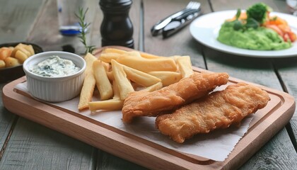 Vegan fish and chips on table background