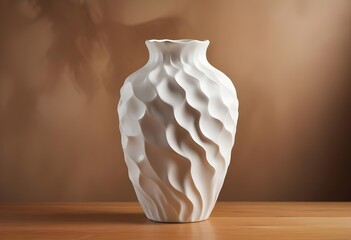 A white ceramic vase with a wavy, textured surface on a wooden surface against a blurred brown background